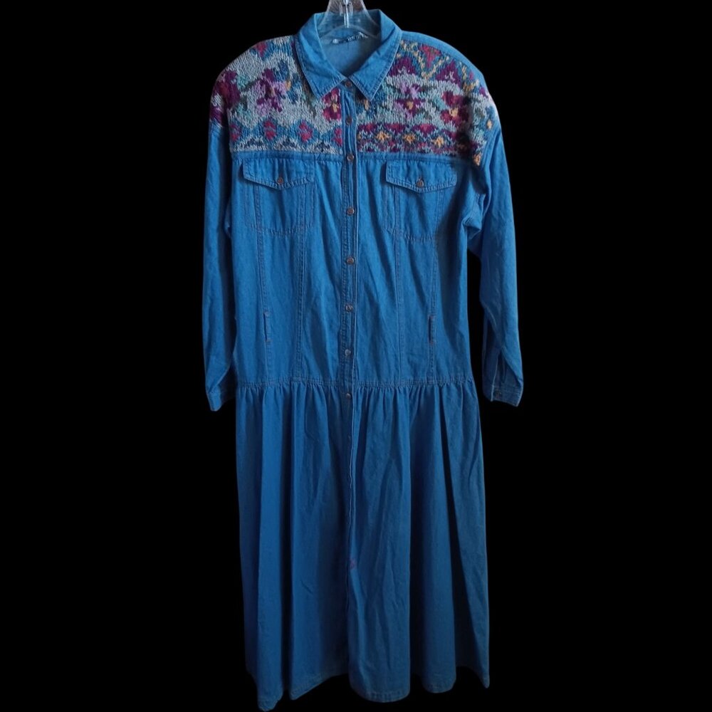 Vintage Women's Dress 16 Tall Together Denim Maxi Knit Yoke Cottage Rancher Wife